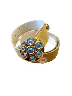 Vintage Escada Suede Belt Iridescent Glass Accents Gold-Tone Buckle Size 38